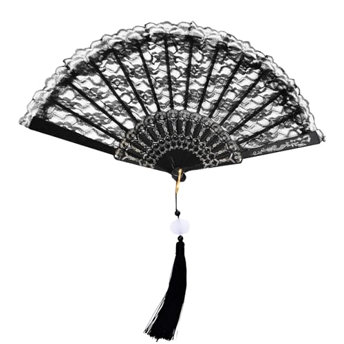 Black Lace Folding Fan, Elegant Hand Held Fans Folding, Retro Lace Hand Fan Foldings with Pendant, Black Fans Handheld Foldings Gifts for Bride Wedding Women Dancing Birthday Party Cosplay