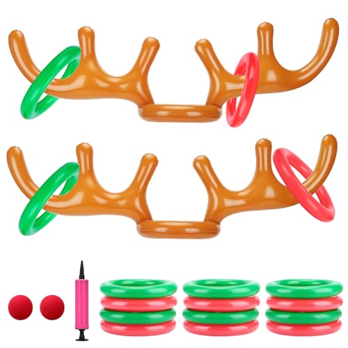 Angooni Inflatable Reindeer Antler Ring Toss Game for Christmas Party Supplies - Adult & Kids Christmas Reindeer Game with Red Nose, Xmas Target Game Toy(2 Sets)