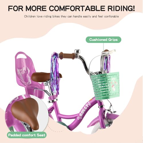 Image of RULLY 12 14 16 Inch Girls Bike with Doll Seat Basket and Training Wheels for 2-6 Years Children