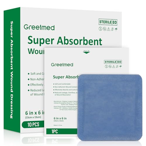 Super Absorbent Wound Dressing Pads Size 6x 6 10 Individual Pack Soft Highly Absorbent Dressing Non Stick Gauze Pads for Heavily Exuding Wound Care Reduce Leakage and Skin Maceration