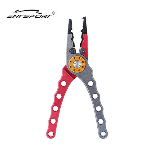Entsport Saltwater Fishing Pliers with Aluminum Handles and Stainless Steel Jaws Multi Function Fishing Pliers with Sheath Lanyard Braided Fishing Line Cutters Fish Hook Removal Tool (Red&Silver)