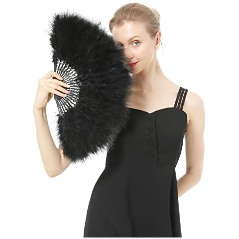 Marabou Hand Held Folding Fan Feather Accessories for Halloween Costume Tea Party Decoration-Black Cover