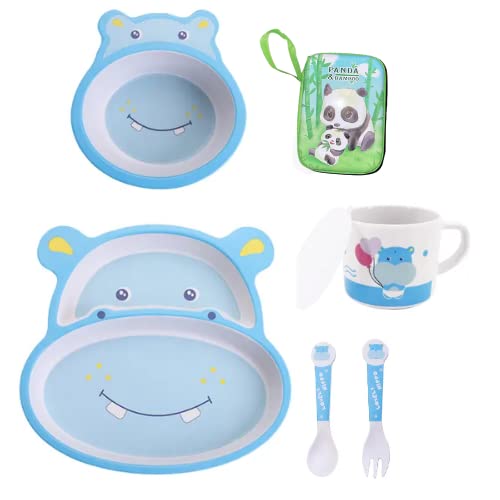 Kids Eco-Friendly Crockery Dinner Set Bamboo Fibre Dinnerware Toddler Self Feeding Baby Utensil Set of 5 pc Dinner Set for Kids and Baby (Mighty Hippo)