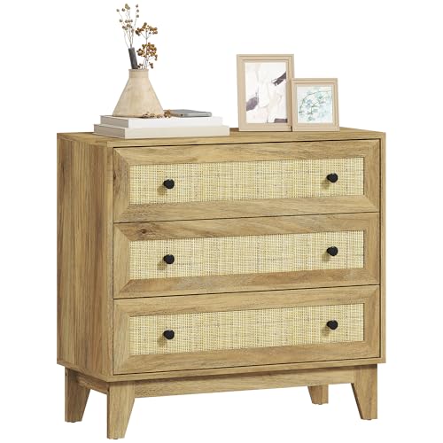 HOMCOM Cómoda con 3 Cajones Cómoda Dormitorio Estrecha con Frontales de Ratán y Patas Elevadas Cajonera para Salón Oficina 80x35x76 cm Natural