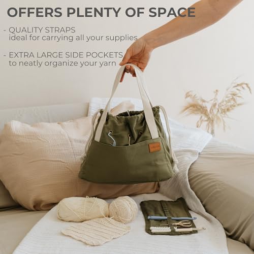 stylish crochet bag organizer easily organizes your yarn - durable canvas bag w 8 pockets stores plenty of yarn skeins amp crocheting suppliesaccessories - perfect basket for gifting to knitting fans