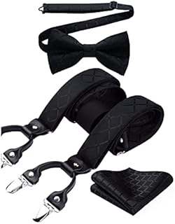 HISDERN Mens Braces Paisley Suspenders with 6 Strong Metal Clips Adjustable Y Shape Floral Braces Bowtie and Pocket Square Set