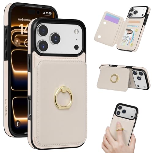 LOHASIC for iPhone 17 Pro Wallet Case with Ring Holder, RFID Blocking Leather Card Holder Case, 4 Card Slots & Bill Pocket, Flip Phone Cover with Kickstand, Finger Grip & Hands-Free Carrying, Beige