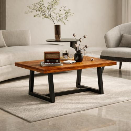 Image of Modern Coffee Table with Open Storage Shelf - Minimalist Rectangular Center Table With Black metal fram for Living Room, Office, and Lounge - Durable Engineered Wood, Easy Assemblyr (Black & Brown)