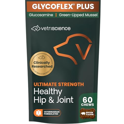 VetriScience Ultimate Strength Hip & Joint Supplement for Dogs, GlycoFlex Plus – MSM, Chondroitin & Green-Lipped Mussel Chews for Mobility, Flexibility, Comfort & Support, Bacon Flavor, 60 Cnt