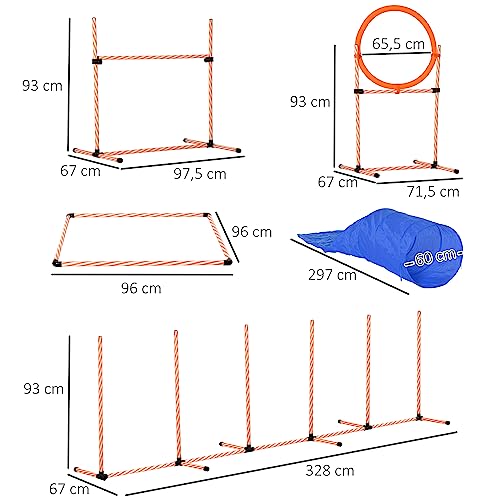 PawHut Hunde Agility Set 5-teiliges Hundetrainigsset Agility-Ausrüstung für Hundetraining, Steckhürdenset mit Hundetunnel, Slalomstangen, höhenverstellbar Hürden Trainingszubehör für Spiele Training