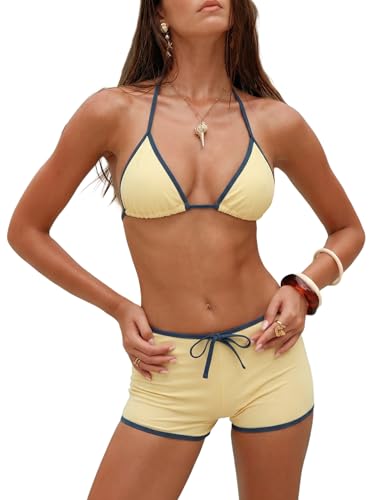 ZAFUL Women's Halter Bikini with Boyshort Triangle Gingham Color Block Swimsuits String Cheeky 2 Piece Bathing Suit(3-Butter Yellow, M)