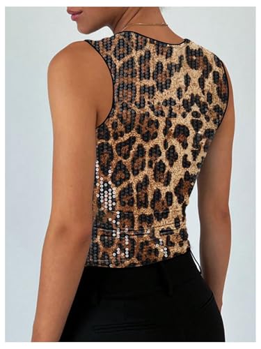 SOLY HUX Women's Leopard Sequin Tank Top Square Neck Sleeveless Y2k Cheetah Print Crop Tops2