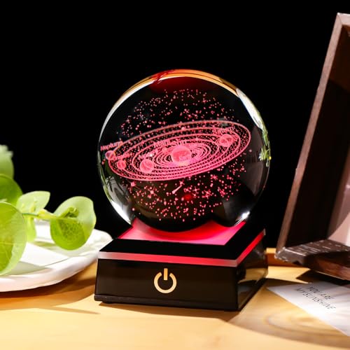 Image of Arikyrist 3D Solar System Crystal Ball 80mm with Light Base, Laser Engraved Space Universe Astronomy Gifts for Women Men Teens Boys and Girls, Glass Planet Solar System Model Sphere Night Light Decor