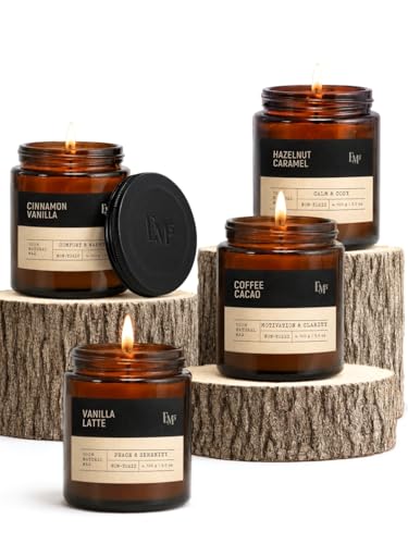 Image of EM5 Gourmand Scented Candles Set of 4 | Aromatherapy Candles for Home Fragrance | Vanilla Latte, Coffee Cacao, Hazelnut Caramel & Cinnamon Vanilla | Natural Wax | Smokeless Clean Burn | 40 Hrs Each