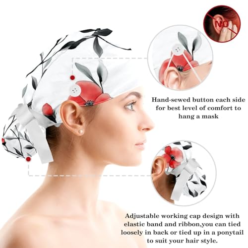 Image of Red Blooming Rose Flowers Black Working Cap with Scrunchy and Ribbon Tie for Women, Long Hair