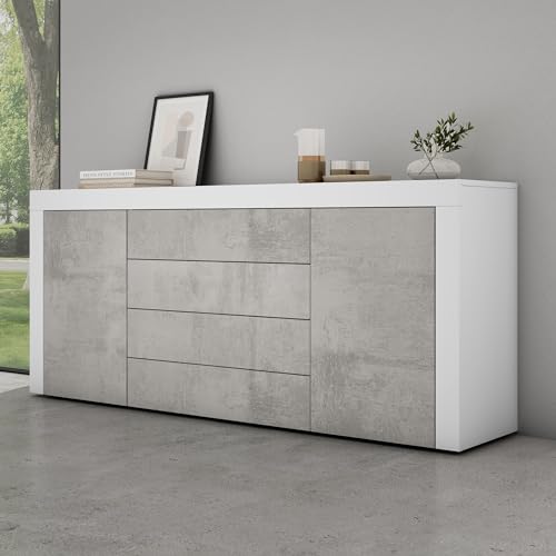 Mai & Mai Sideboard Aufbewahrungsschrank BTH: 167x36x70 cm mit 2 Schränken und 4 Schubladen in Weiß matt + Beton Kommode Mehrzweckschrank Möbel Schrank03