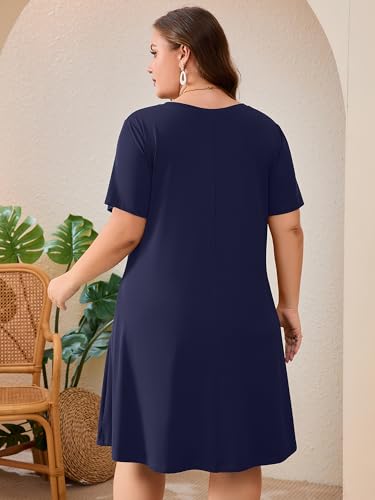 Image of AusLook Plus Size Midi Dress for Women Short Sleeve V Neck Criss Cross A Line Summer Casual Vacation Sundresses with Pockets