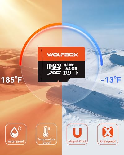 Image of WOLFBOX 64GB MicroSD Card with SD Adapter, Up to 100MB /s, U3 A2 V30, High Speed Transfer, Supports 4K UHD Video Recording, Compatible with G840S / G930 / G900PRO / G900 Tripro and X5 Dash Cams