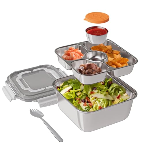 OCPO Kitchen Lunchbox Erwachsene, Edelstahl Brotdose Gro&szlig; 2200ml, Lunchbox Auslaufsicher Brotzeitdose mit F&auml;cher, Salatbox to go, Bento Box Edelstahl mit Gabel f&uuml;r Arbeit Schule Picknick (Wei&szlig;)