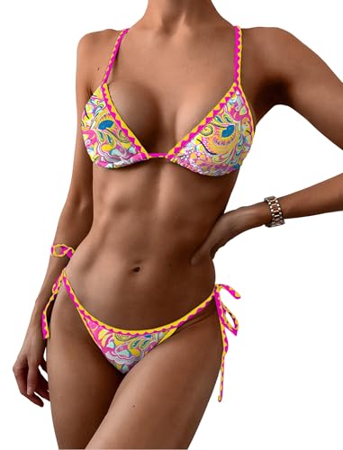ZAFUL Women's Triangle Bikini Tie Side Whip Stitch String Bikini Two Piece Swimsuit Bathing Suits (2-Pink Yellow, S)