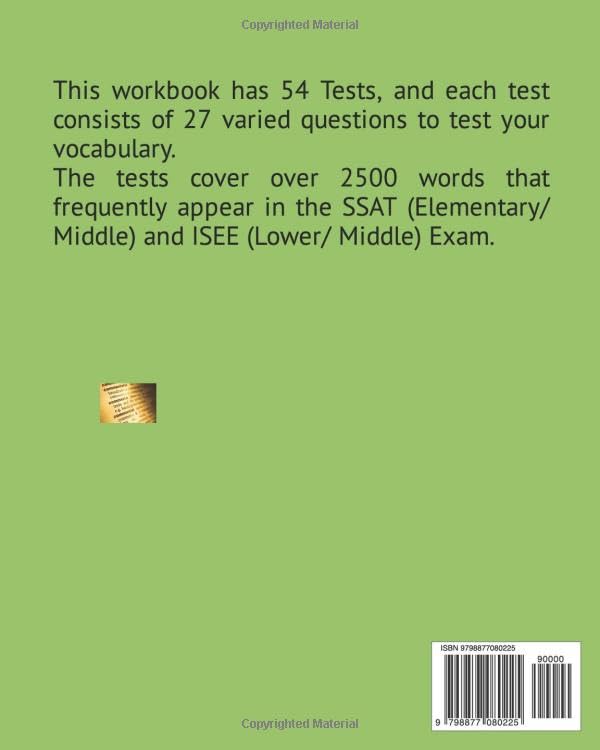 Vocabulary Workbook for SSAT & ISEE (Lower / Middle): 54 Tests with 2500 words covering Synonyms / Antonyms / Blanks / Double Blanks / Spellings / Homonyms / Analogies - Image 2