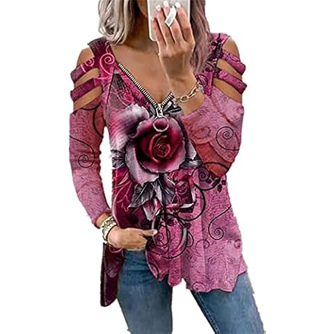 BebeLoFei Women Strappy Cold Shoulder Tunic Shirt Zipper V Neck Casual Short Sleeve Blouses Summer Tops Pullovers (Red,Large) Cover