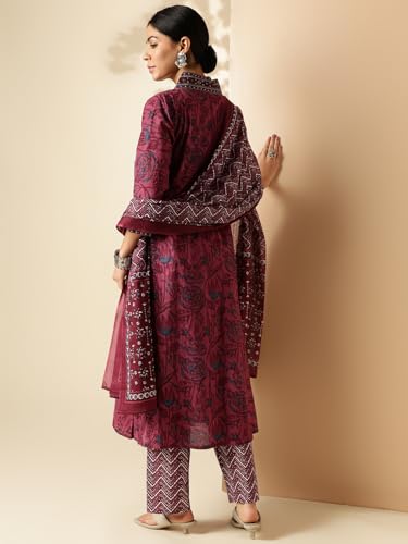 Image of Vbuyz Women Floral Print With Mirror Work Cotton Kurta Palazzo With Dupatta