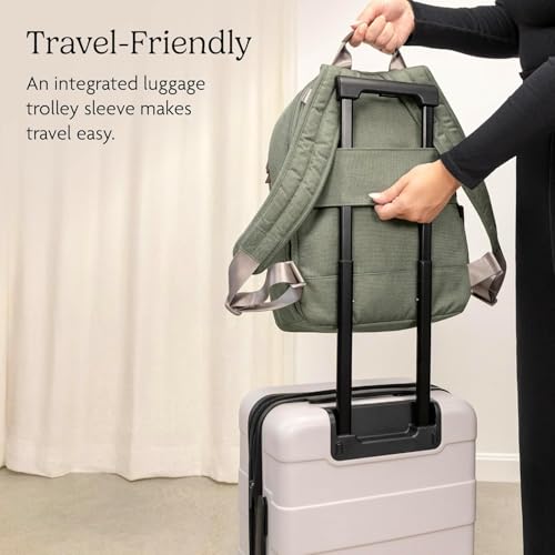 Image of UPPAbaby Changing Backpack - Multiple Storage Compartments - Side Bottle + Laptop Pockets - Trolley Sleeve - Stroller Strap Attachment - Ada -Sandstone Melange | Chestnut Leather