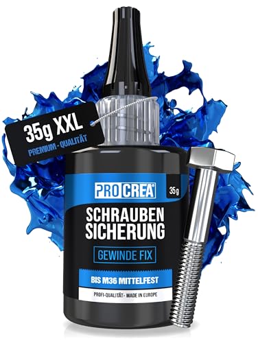 PROCREA Profi Schraubensicherung (35 g) Gewinde Fix mittelfest [24 Monate Haltbarkeit & Anti-Austrocknungs-Spitze] Hitzebeständiger Schraubensicherungslack & Schraubenkleber in bester Qualität