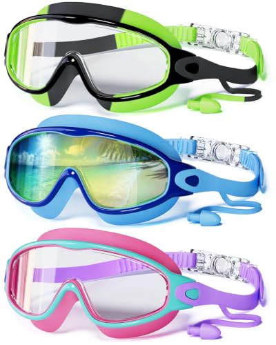 Innovation Cat 3 Pack Swim Goggles Kids Swimming Goggles with Earplugs Anti-Fog/UV Wide View Goggles for Kids 6-14