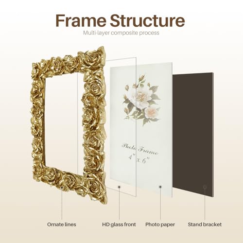 Vintage Gold 4x6 Picture Frame, Gold Ornate Rose Flower Resin Photo Frame with Glass Front for Tabletop or Wall Hanging, Antique Picture Frames for Home Office Decor