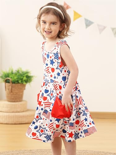 Vieille Toddler Girls Dress 2t 3t American Flag Print Sleeveless Sundress Cute Kids Midi Dress July 4th Outfits with Pocket — view 2