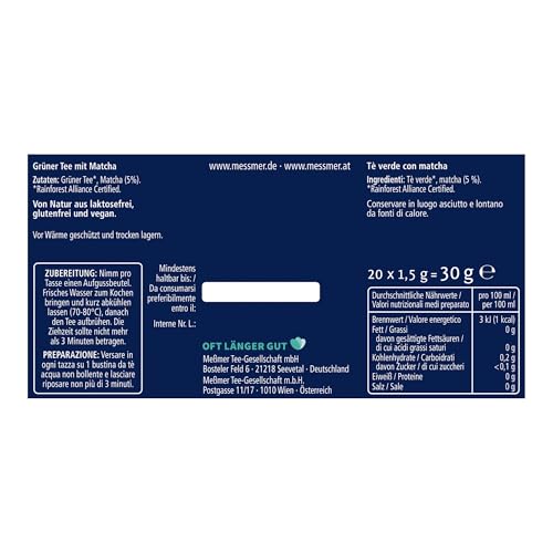Meßmer MATCHA SPIRIT | Grüner Tee mit Matcha | 20 Teebeutel | Vegan | Glutenfrei | Laktosefrei