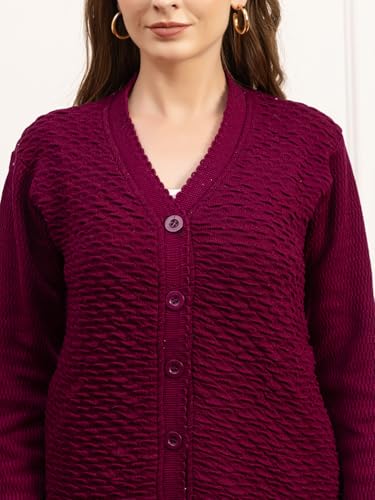 Image of Women's Winter Woolen Cardigan | Full Sleeve Textured Buttoned Sweater for Women | Soft Wool V-Neck Warm Knitted Outerwear for Office & Casual Wear