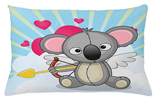 Lunarable Koala Throw Pillow Cushion Cover, Cupid Koala Bear Drawing with His Love Arrows Sitting on Clouds and Hearts Print, Decorative Square Accent Pillow Case, 26
