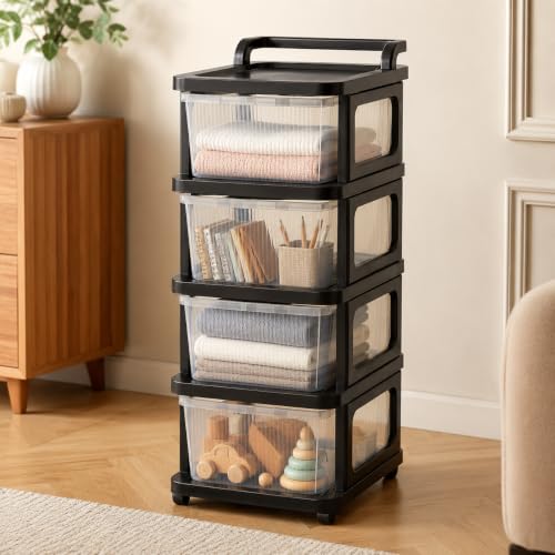 Image of Heavy Duty Plastic Storage Drawer with Wheels | Modular Cabinet for Bedroom, Office, Home or Classroom| Chest of Drawers Organiser for Cosmetics, Kitchen items, Toys (Transparent, 4)