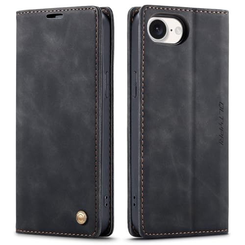 QLTYPRI Case for iPhone 16e, Vintage PU Leather Wallet Case Card Slot Kickstand Magnetic Closure Shockproof Flip Folio Cover for iPhone 16e - Black