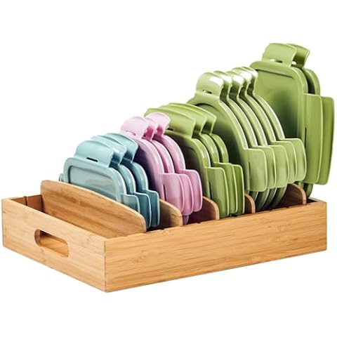 Umilife Kitchen Cabinet Organizer for Food Storage Container Lids, with Adjustable Dividers, Bamboo Drawer Caddy, Box for Kitchen Storage And Organization Cover
