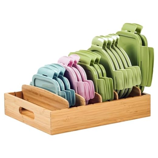 Umilife Kitchen Cabinet Organizer for Food Storage Container Lids, with Adjustable Dividers, Bamboo Drawer Caddy, Box for Kitchen Storage And Organization