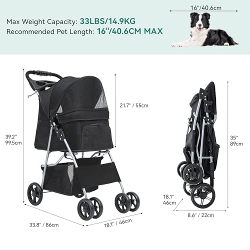 YITAHOME Haustierbuggy für mittelgroße Hunde, 4-Rad-Hundebuggy mit Aufbewahrungskorb, faltbarer Haustier-Reisewagen mit Getränkehalter und Aufbewahrungskorb (Schwarz)