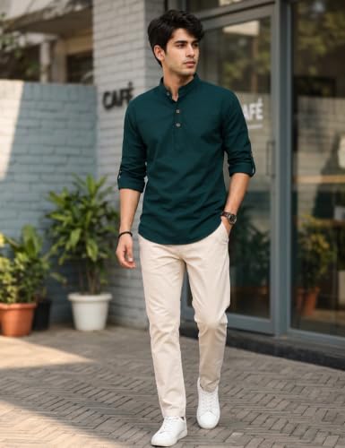 Image of Fifth U Men's Cotton Polyester Blend Solid Mandarin Collar Self Design Full Sleeve Casual Short Kurta