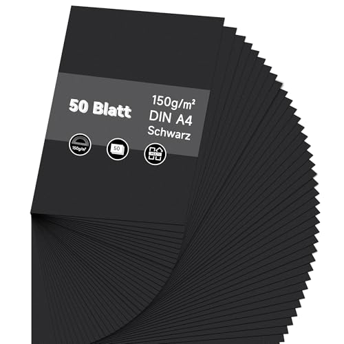 Taiyeestar 50 Blatt Tonpapier Schwarz A4, Schwarzes Tonpapier A4, Schwarzes Papier, Bastelpapier Tonkarton, Papier für Origami und Bastelprojekte, 150 g/m²