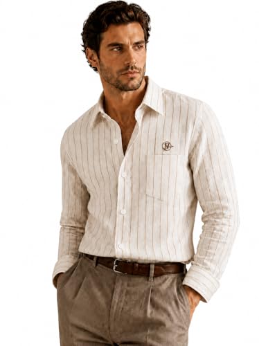 Image of Men's Lilan Vertical Stripe Regular Fit Full Sleeve Shirt with Chest Pocket | Cream Beige Casual Shirt