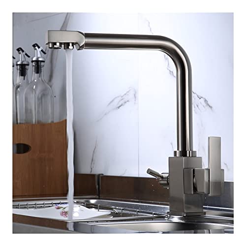 浄水付きの真鍮キッチン蛇口-360°回転シンクミキサータップキッチンシンク蛇口(ホースサイズ3-8のブラシ付きニッケル) LWX