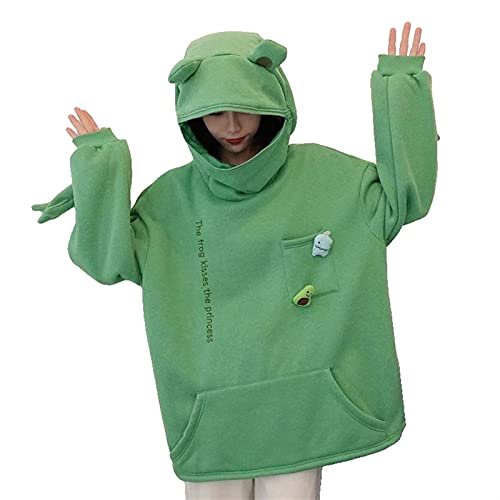 Zzple Kawaii Hoodie Women Hoodies Sweatshirts Frog Pullover Sweater Loose Version Autumn and Winter Unisex Wear Ropa Mujer (Color : Green Size : Medium)
