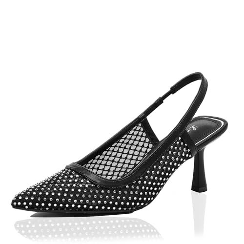 Lryweisy Women's Glitter Rhinestone Mesh Slingback Sandals 2.4 Inch Kitten Heel Pointed Toe for Party & Evening