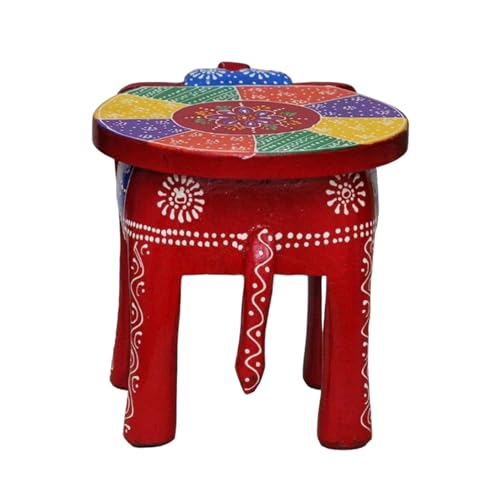 Image of Hand-Crafted and Colorful Emboss Painted Wooden Elephant Shape Stool Gardan Table,Decorative Showpiece (8 Inches Height, Red)