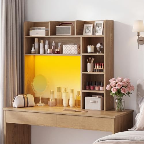 Image of Tangkula Desktop Bookshelf with LED Lights, Desk Hutch with 8 Shelves for Max 25 inch Monitor, Desktop 5-Tier Display Rack, Multipurpose Wood Desktop Storage Hutch Organizer for Dorm Office Home (Natural)