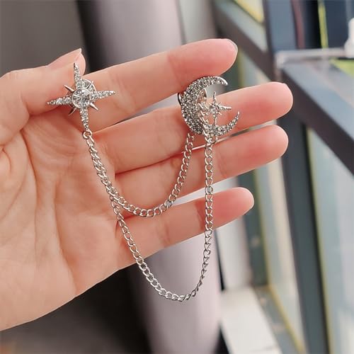 Image of Moon Star Rhinestone Brooch with Gold Tassel Brooch for Unisex