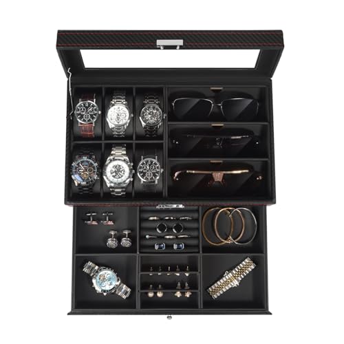 GLJ Jewelry Box for Men 6 Slot Watch Box Jewelry Organizer With Drawer Watch Case for Men with Large Window 2-Layer Watch Holder Sunglasses Storage Organizer Velvet Lining Fathers Day Gift